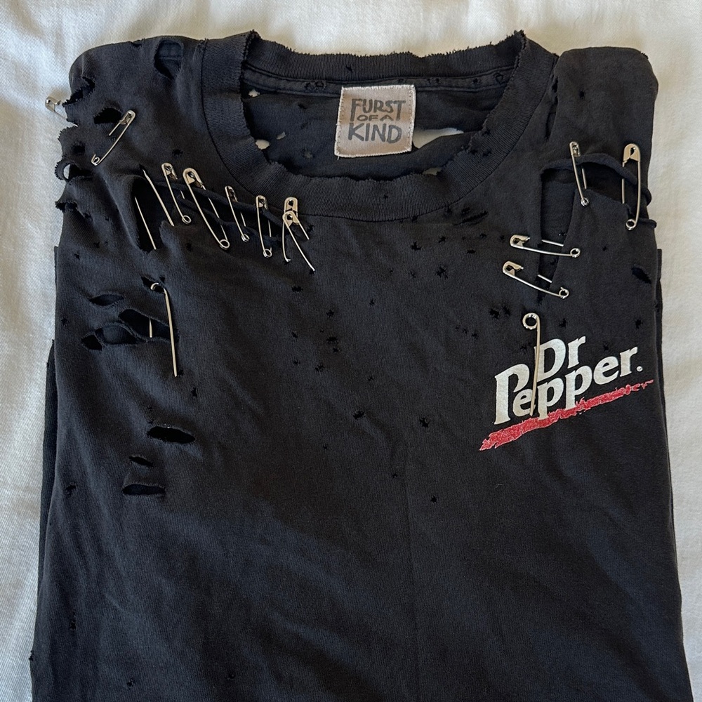 Dr Pepper Distressed Black T-Shirt with Safety Pins
